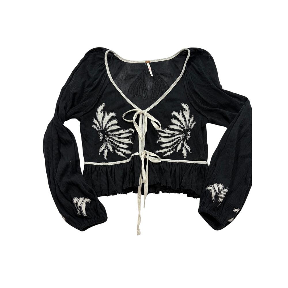 Free People Black Embroidered Tie Front Peplum Crop Top Small Boho Puff Sleeve